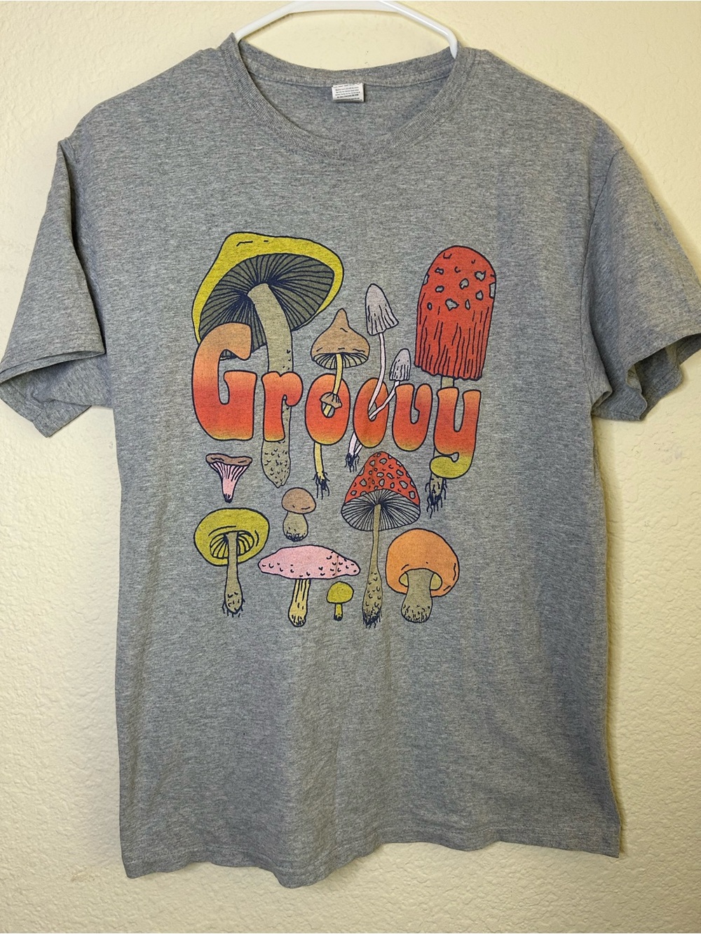 VTG Cotton Groovy Mushroom Graphic Tee Gray Short Sleeve Hippie Hobo‎ Festival M